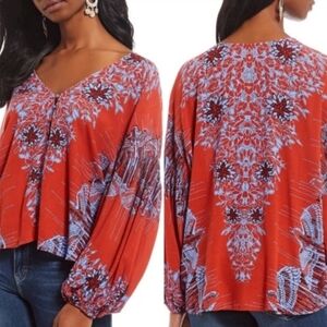 Free People Birds Of A Feather High/ Low Puff Sleeve Boho Peasant Top XS